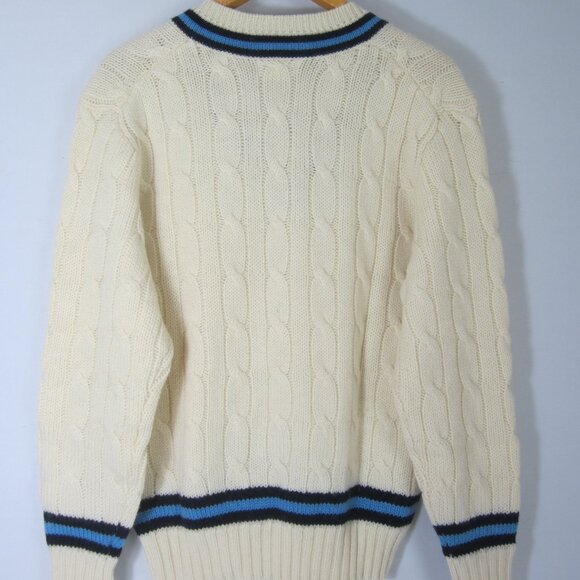 Vtg Davison's Bermuda Large Ivory Navy Blue Wool Cable Knit V Neck Sweater Golf - Picture 2 of 9